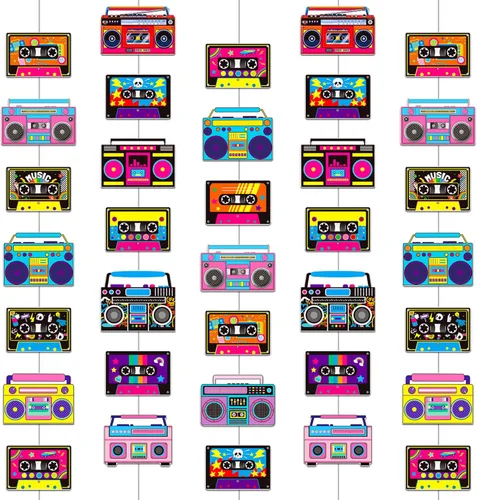Guirnalda de cinta de casete y caja de pluma, 6 unidades de decoraciones de fiesta de los años 80, cinta de casete de radio retro, guirnalda de