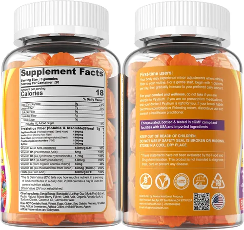Miniatura 8 de 1 Paquete de Gomitas de Fibra para Adultos con Cáscara de Psyllium, 7G (Fibra Prebiótica Soluble + Insoluble) Diaria con Inulina, FOS, Goma de Guar