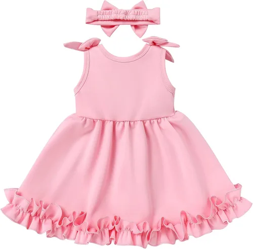 Miniatura 2 de Baby Girl Tutu Dress Summer Sleeveless Ruffle Princess Birthday Party Dresses Flower Bowknot Sundress with Headband Set