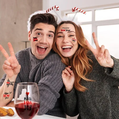 Miniatura 6 de 65 piezas de suministros para fiesta de Año Nuevo, 12 hojas de calcomanías de tatuajes temporales, decoraciones de feliz año nuevo, decoración NYE