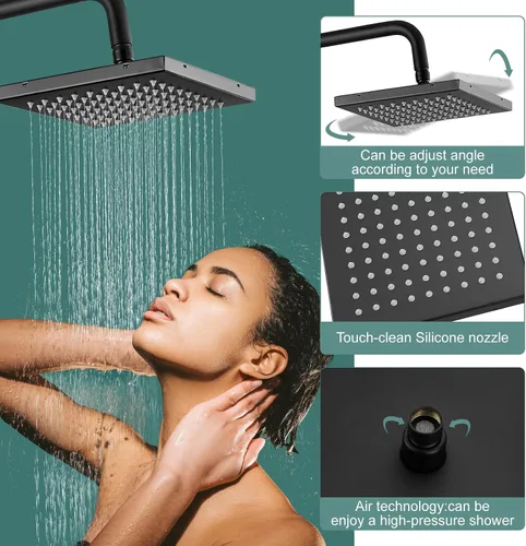 Miniatura 8 de Heyalan Juego de sistema de ducha de lluvia negro mate, sistema de ducha expuesto, 3 funciones, grifo de ducha de baño giratorio de 8 pulgadas