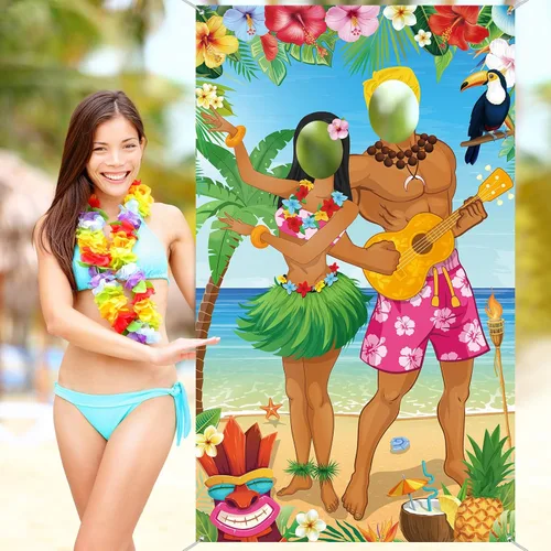 Miniatura 4 de Capoda Decoraciones de fiesta hawaiana Luau Pareja Photo Prop Hawaiian Photo Background Fondo Tropical Beach Prop Pareja Puerta Banner para Verano