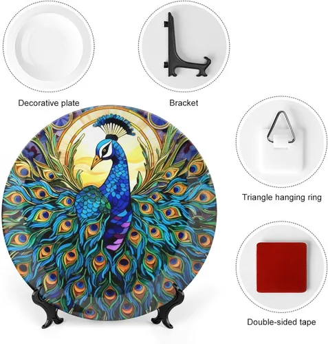 Miniatura 3 de Platos decorativos bohemios de pavo real con estampado de vitrales, platos de cerámica para decoración del hogar, exhibición de platos llanos