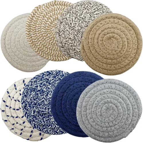 Posavasos de algodón tejido hecho a mano, juego de 8 con soporte, absorbente, protege la mesa, 4.3 pulgadas de diámetro, decoración del hogar,