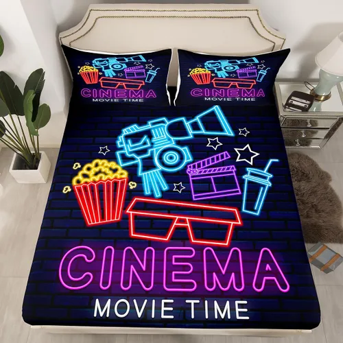 Miniatura 16 de Erosebridal Sábana bajera ajustable de noche de cine tamaño individual para niños y niñas, decoración de cine en casa, sábanas para amantes