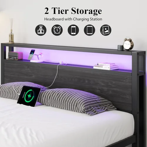 Miniatura 6 de Marco de cama tamaño completo con cabecera de almacenamiento, cama plataforma industrial con estación de carga y luces LED, listones de metal Negro