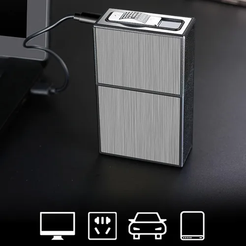 Miniatura 4 de Caja de cigarrillos con encendedor, 20 de capacidad, portátil, soporte para caja de cigarrillos, encendedor de doble arco, 2 en 1, recargable por