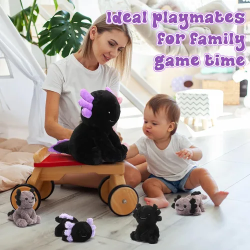 Miniatura 5 de Lenwen 5 piezas de juguetes de peluche de ajolotl, 1 mamá negra con 4 bebés lindos, animales de peluche ajolote peluches en la barriga, regalos