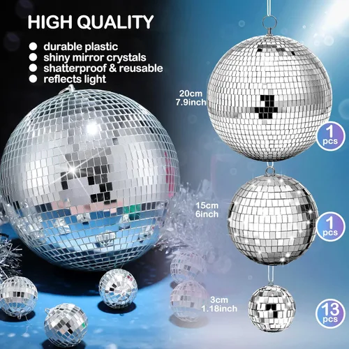 Miniatura 3 de 17 Piezas de Decoración de Bola de Discoteca: Mini Bolas de Discoteca de Espejo Colgantes Grandes de Varios Tamaños - Adornos de Navidad Plateados