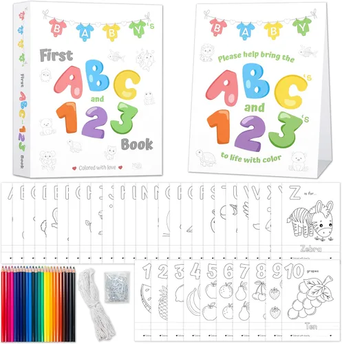 Party Hearty Libro de ABC y 123 del Primer Bebé y Actividad de Baby Shower, Libro de Invitados Alternativo con Páginas para Colorear Alfabeto,