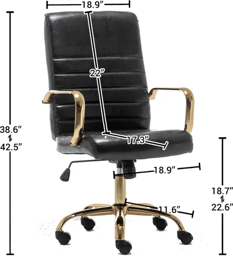 Miniatura 3 de BTEXPERT Silla de escritorio ajustable de piel sintética negra con brazos dorados, respaldo alto, para oficina en casa, (5162BK)