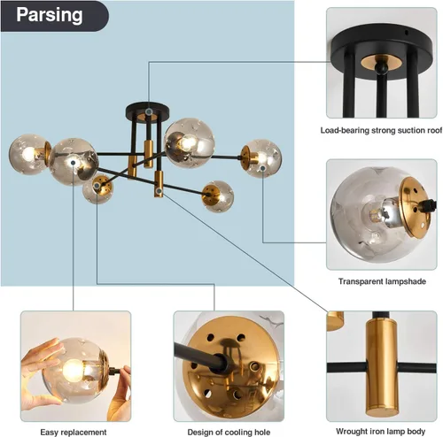 Miniatura 3 de Lámpara de techo de 1 bombilla de techo con forma de globo de cristal, moderna y semiempotrada de color negro para pasillo, porche, escalera