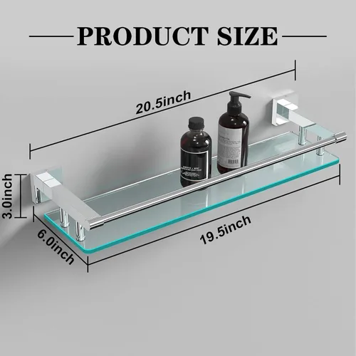 Miniatura 2 de Estantes de vidrio para baño, estante rectangular de acero inoxidable cromado de 20 pulgadas, estante de vidrio templado para montaje en pared