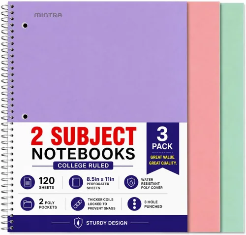 Miniatura 10 de Mintra Office Durable Spiral Notebook - 2 Subject (Junior Size 3pk (6.5in x 9.5in), Arctic Ice, Sun Yellow, Spring Pink)