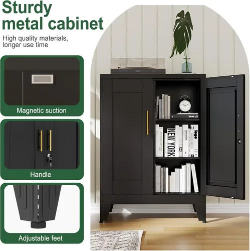 Miniatura 5 de Gabinete de Almacenamiento de Metal Negro, Gabinete de Almacenamiento Alto de 36" con Cerradura y 2 Estantes Ajustables, Organizador de Casillero