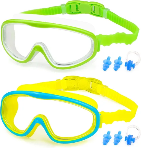 Miniatura 11 de KAILIMENG Gafas de natación para niños, paquete de 2 gafas de natación para edades de 3 a 15 años, antivaho y anti-rayos UV Cear de visión amplia