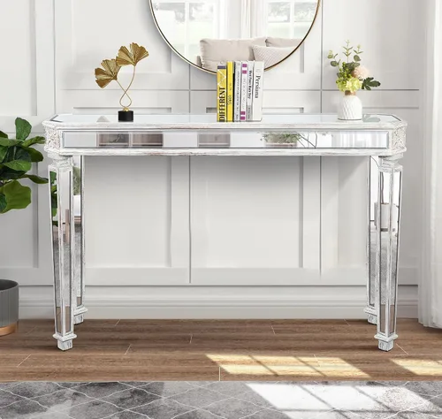 Miniatura 12 de Mesa de consola con espejo de 48 pulgadas, mesa de entrada moderna de plata glamorosa con borde tallado negro vintage con espejo de vidrio para sala