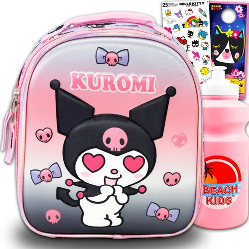 Kuromi Lunch Box for Girls Set - Bundle with Sanrio Lunch Bag Plus Stickers, Water Bottle, More | Kuromi Lunchbox School Supplies for Kids