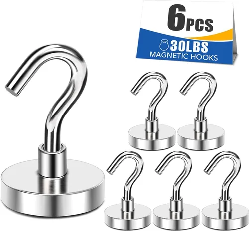 MIKEDE N52 Ganchos magnéticos 6P 30Lbs Plata | High Power Strong Magnetic Cruise Refrigerator Hooks for Hanging, Kitchen, Garage, Classroom, Beach