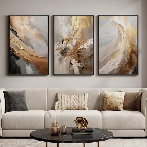 Miniatura 34 de Arte de pared abstracto neutro con marco grande para sala de estar, 3 piezas, impresiones modernas en lienzo para paredes, cuadros negros y beige