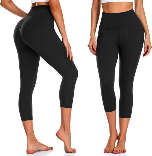 Miniatura 5 de NEW YOUNG Paquete de 3 leggings capri para mujer con bolsillos, cintura alta, control de abdomen, pantalones negros para entrenamiento, gimnasio