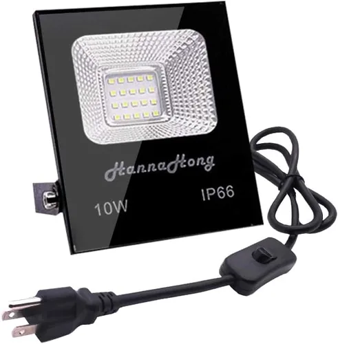 Luz de inundación LED de 10 W con interruptor de encendido/apagado, luz blanca fría, luz de seguridad/trabajo/planta de cultivo al aire libre, IP66
