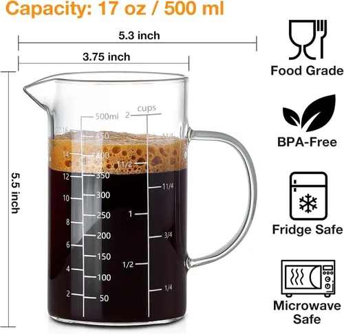 Miniatura 5 de BCnmviku Taza medidora de vidrio de 500ML 2 tazas con asa, vidrio de borosilicato alto tres escalas