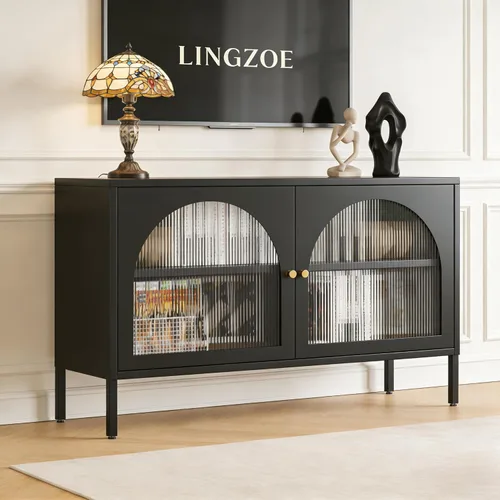 Miniatura 17 de Soporte de metal para TV, armario de almacenamiento con 2 puertas acrílicas, armario rosa con estante ajustable, gabinete lateral para el hogar