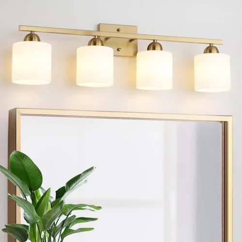 Miniatura 9 de Mecgirn Luces de tocador de vidrio de leche de acero inoxidable para baño, 2 lámparas de baño doradas claras sobre espejo, enchufes E26 de cerámica