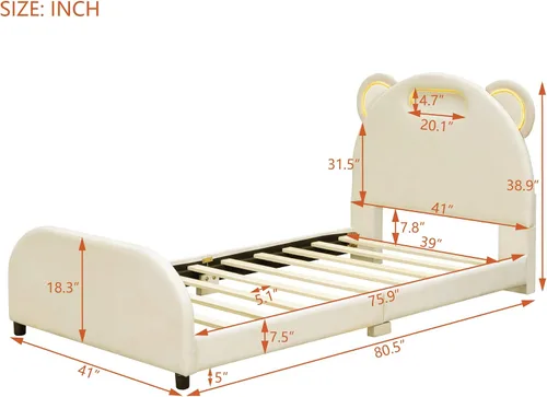 Miniatura 2 de Cama de plataforma tapizada de tamaño individual con cabecero en forma de oso y rayas de luz incrustadas, bonito marco de cama de plataforma