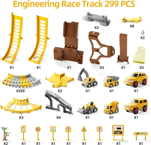 Miniatura 2 de iHaHa 299 piezas de pistas de carreras de construcción para niños, 6 piezas de autos de ingeniería y pista de carreras flexible crea un camino