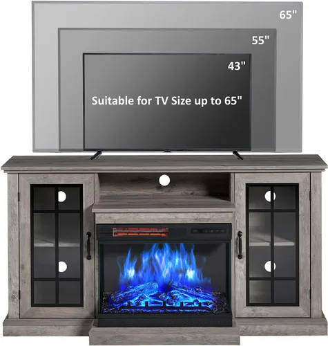 Miniatura 5 de LUXOAK Soporte de TV para Chimenea con Chimenea Eléctrica de Vidrio de 3 Lados, Centro de Entretenimiento Multimedia de 59" con Gabinete de Gris