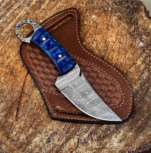 Miniatura 13 de TAC Knives - Cuchillo de supervivencia Bushcraft 12T27 de acero de Damasco con hoja fija para exteriores - Mango de madera Pakka - Funda de cuero