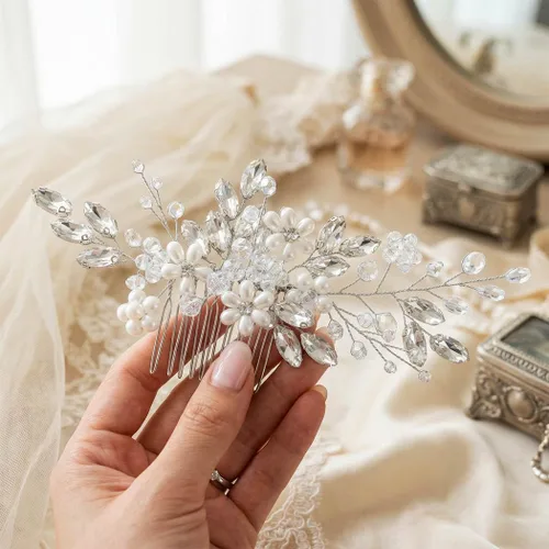 Miniatura 5 de Unicra Peine para el cabello de boda con flores de novia, peine lateral plateado, accesorio para el cabello para mujeres y niñas (dorado)