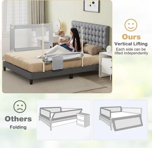 Miniatura 9 de HONEY JOY Riel de cama para niños pequeños, 47 pulgadas extra larga, barandilla de seguridad portátil con bolsillo lateral, rieles de cama