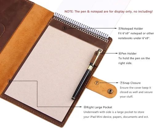 Miniatura 4 de Robrasim Funda de cuero para cuaderno Steno de 6 x 9 pulgadas, funda de cuero compatible con almohadillas Steno en espiral de 6 x 9, organizador