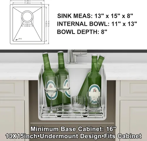 Miniatura 4 de Fregadero de Bar - PEPO Fregadero de Cocina Bajo Encimera de 13 x 15 Pulgadas, Fregadero de Cocina Pequeño de Una Sola Cubeta de Acero Inoxidable