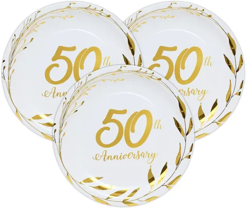 Miniatura 2 de Platos de papel de 50 aniversario – Suministros dorados para fiesta de celebración de boda, platos de postre de papel redondos desechables