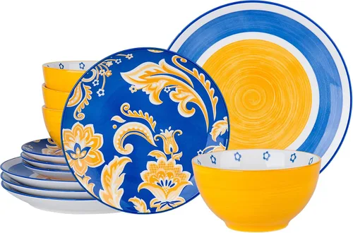 Wisenvoy Juego de platos y cuencos de cerámica, juego de platos de porcelana para 4 platos llanos
