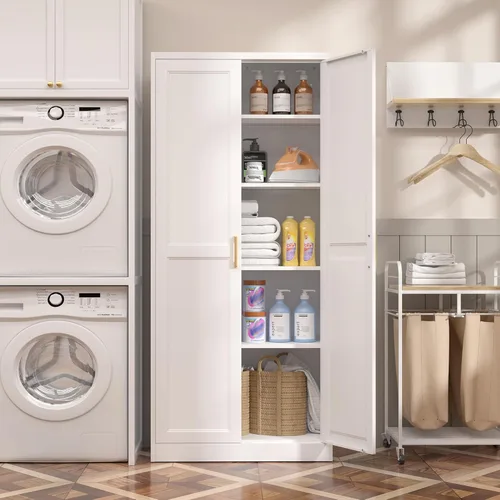 Miniatura 6 de SteeLoong - Gabinete de despensa de cocina, gabinete de almacenamiento de metal blanco de 71" con puertas y 4 estantes ajustables, gabinete