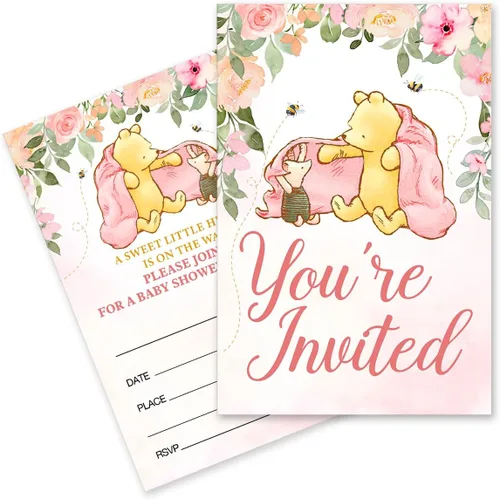 Miniatura 5 de Invitaciones de baby shower de Winnie Pooh pertnate, invitaciones de baby shower de Winnie Pooh para niño, 20 invitaciones con sobres