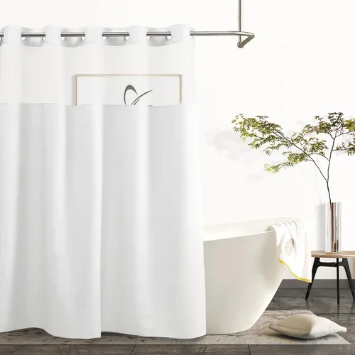 River Dream Cortina de ducha moderna de grado hotelero sin necesidad de ganchos con forro a presión, color blanco, estándar, 71 x 74 pulgadas