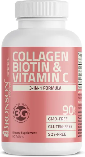 Miniatura 5 de Bronson Péptidos de colágeno 3000mg (por porción) con biotina y vitamina C - para el apoyo del cabello, la piel y las uñas, sin OGM, 90 tabletas