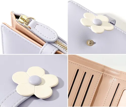 Miniatura 13 de MEISEE Billetera pequeña para niñas y mujeres, billetera de tres pliegues, bolsillo para efectivo, con estampado de flores, monedero con ventana
