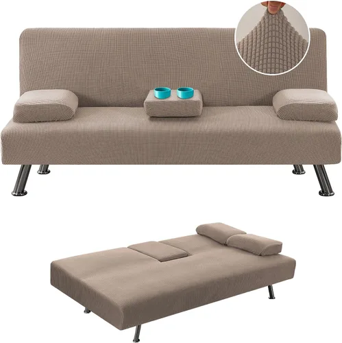 Miniatura 11 de LiveGo Funda para futón, 4 piezas, elásticas, para futón, sofá cama, con reposabrazos extraíbles y portavasos, protector de muebles, tela jacquard