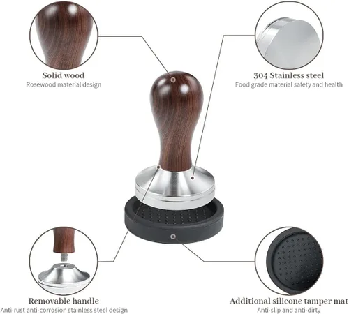 Miniatura 2 de Prensa de café espresso con alfombrilla de prensa 304 de acero inoxidable, base plana, mango de madera para molido de café, accesorio para máquinas