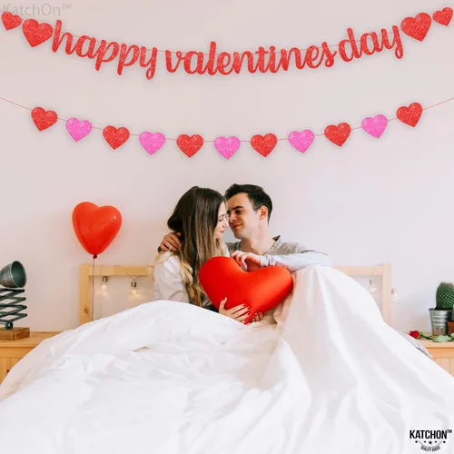 Miniatura 6 de KatchOn, Cartel de feliz San Valentín con purpurina, 10 pies, sin bricolaje, guirnalda de corazón rojo y rosa para decoraciones del día de San