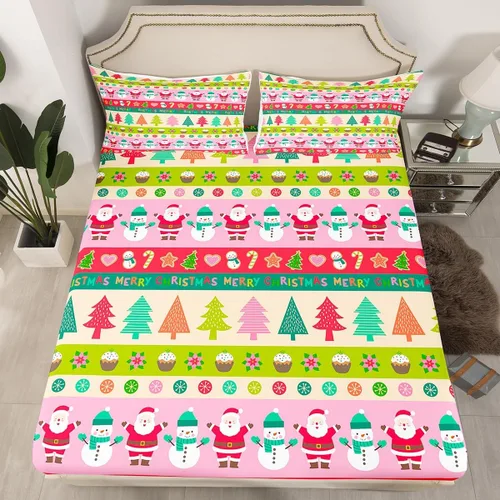 Juego de sábanas con diseño de Papá Noel y muñeco de nieve para niños, niñas y niños, de temática navideña, juego de cama con diseño de árbol de