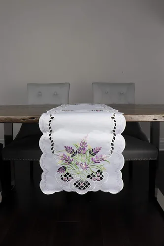 H & A Collection Marina Decoration - Bufanda y camino de mesa bordado elegante vintage para cocina, comedor, base blanca con flor de lavanda morada,