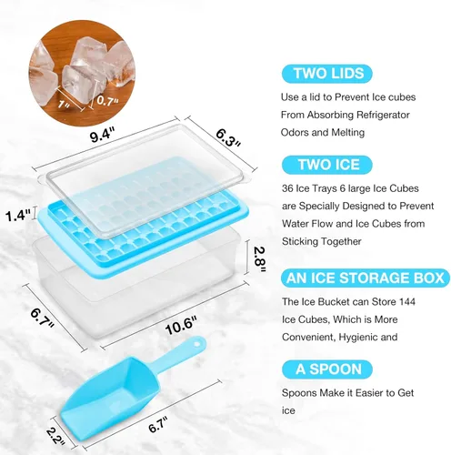 Miniatura 4 de Bandeja para cubitos de hielo con tapa y contenedor 55 – Moldes para cubitos de hielo para congelador, contenedor de hielo sin BPA, viene